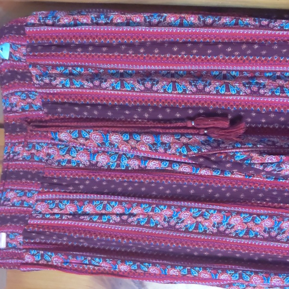 Ladies boho pattern crinkle material wide leg pull on pants w/ drawstring detail - Picture 2 of 8